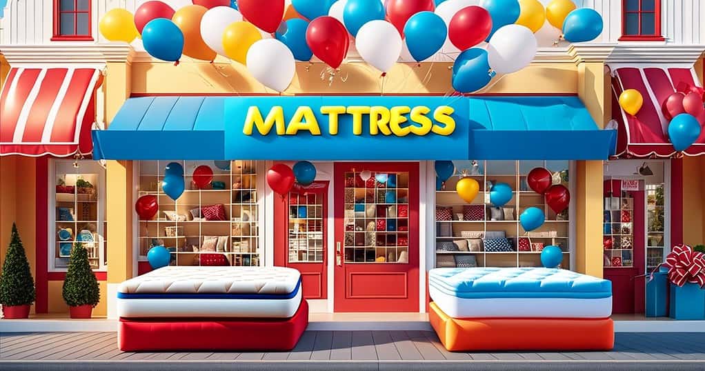 mattress store exterior with a big sale